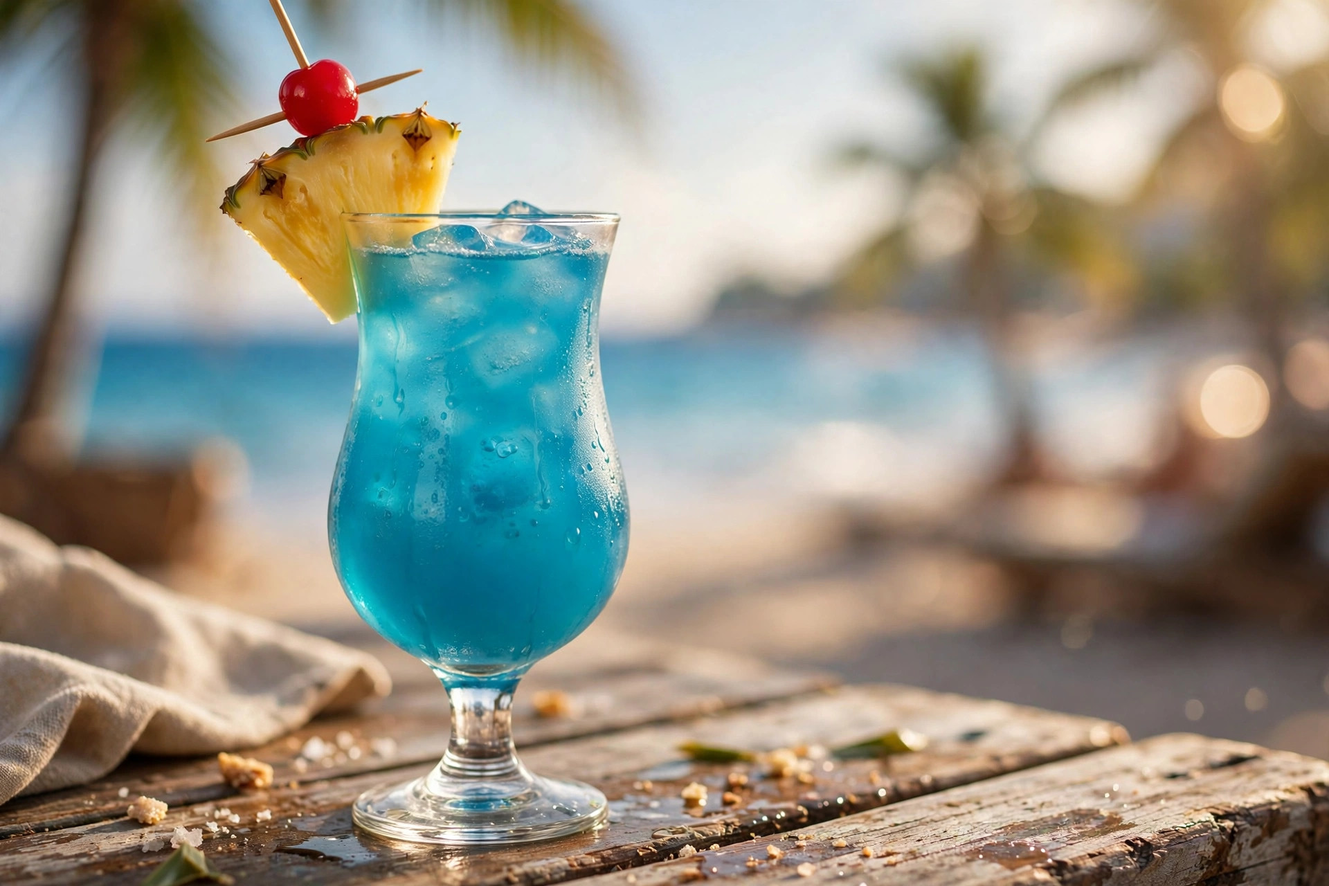 A vivid blue Hawaiian cocktail with pineapple wedge and cherry in a hurricane glass