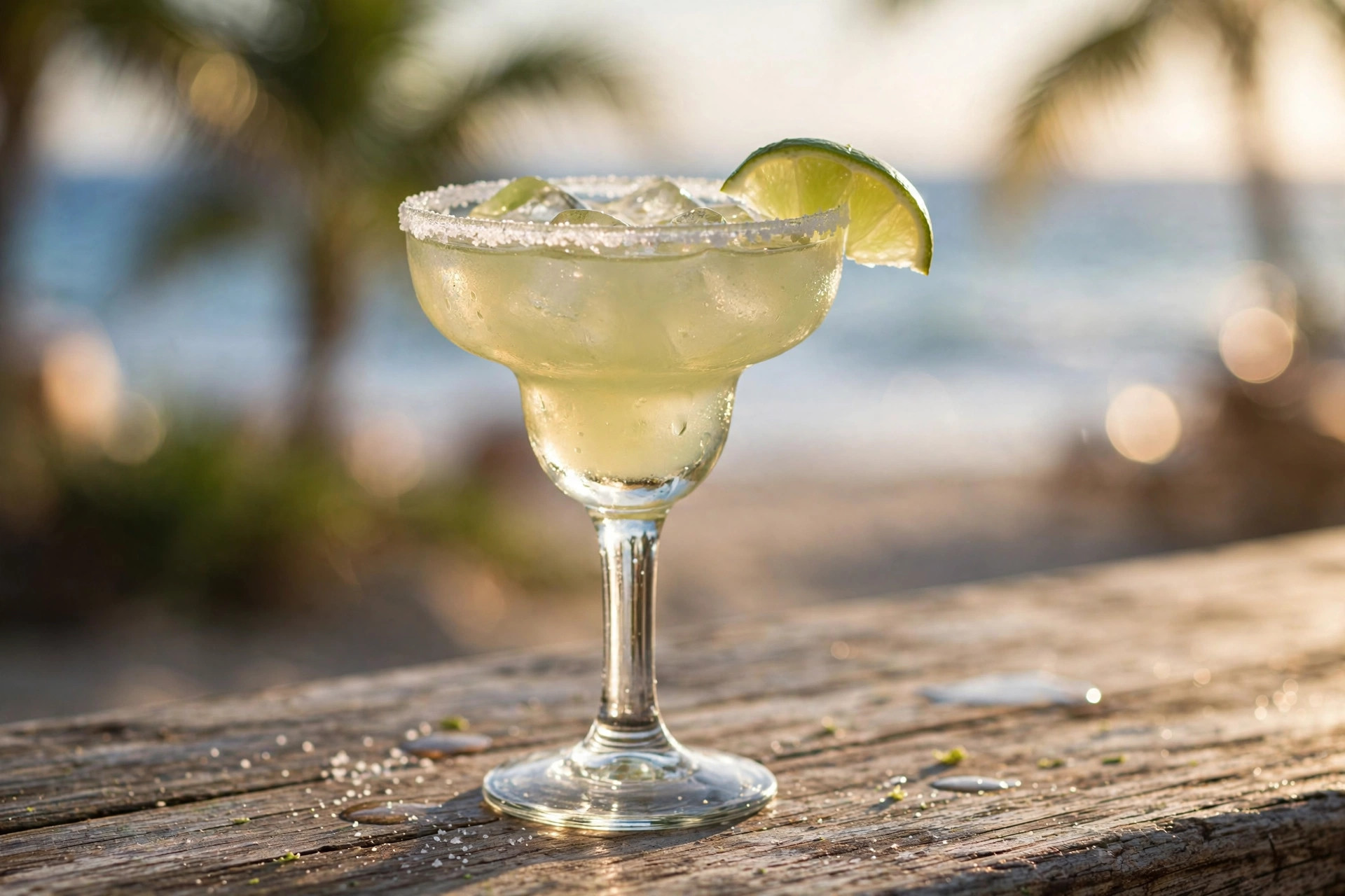 A classic margarita in a salt-rimmed glass with a lime wedge, on a beach bar at sunset
