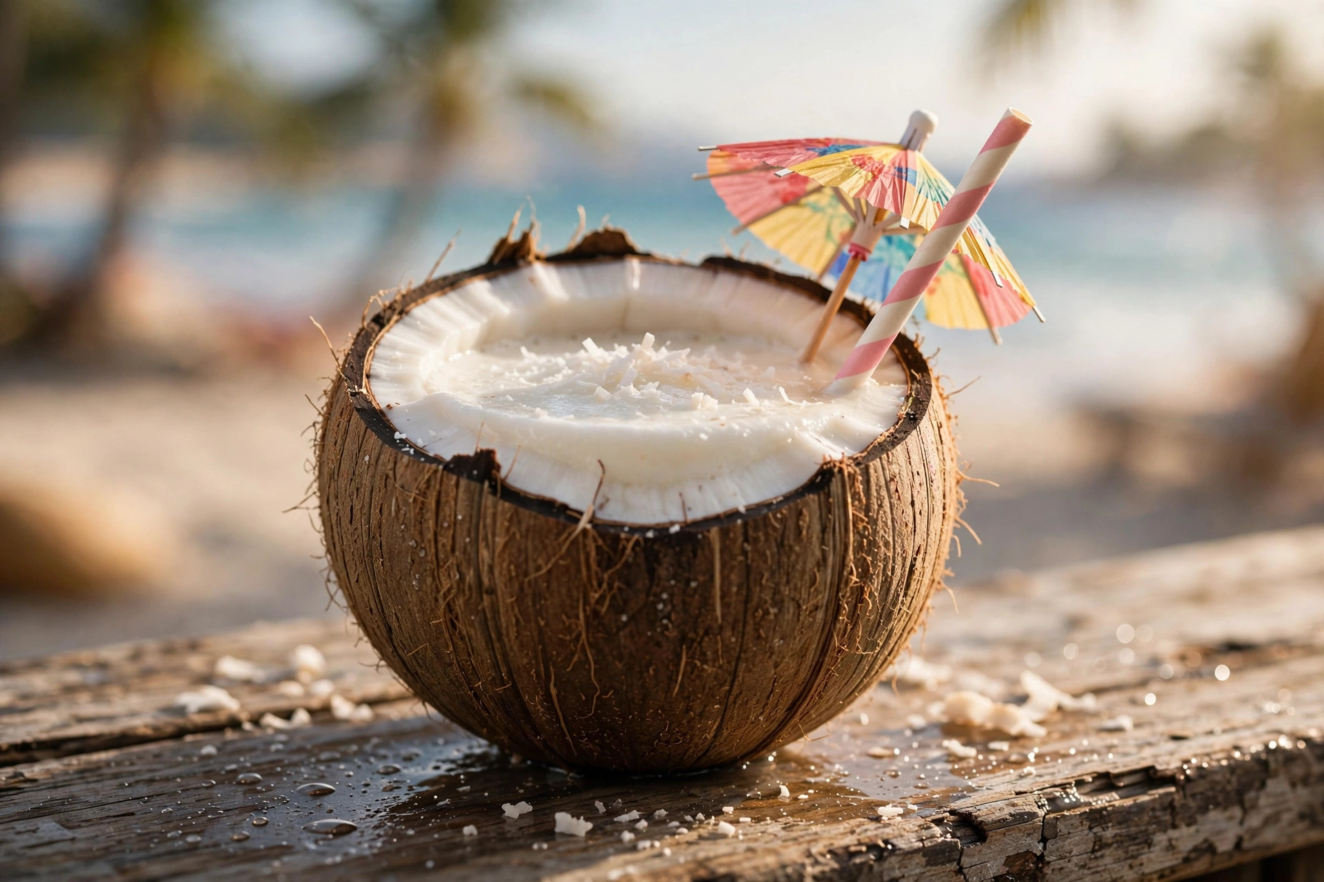 A coco loco cocktail served in a fresh coconut shell with a paper umbrella