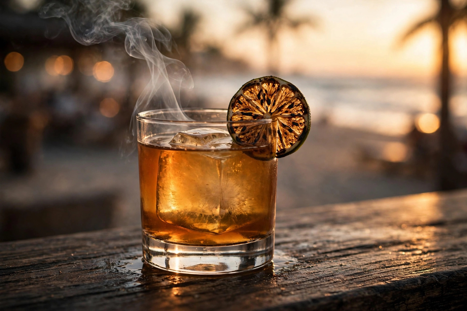 A smoky mezcal cocktail over a large ice cube with a wisp of smoke and charred lime
