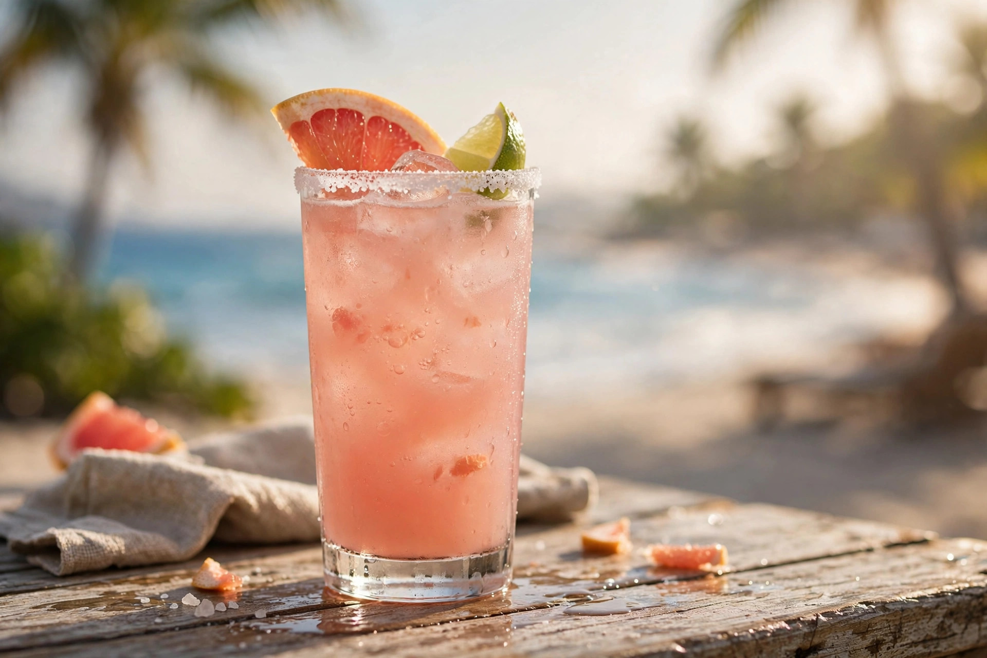 A pink paloma cocktail in a tall glass with salted rim, grapefruit and lime