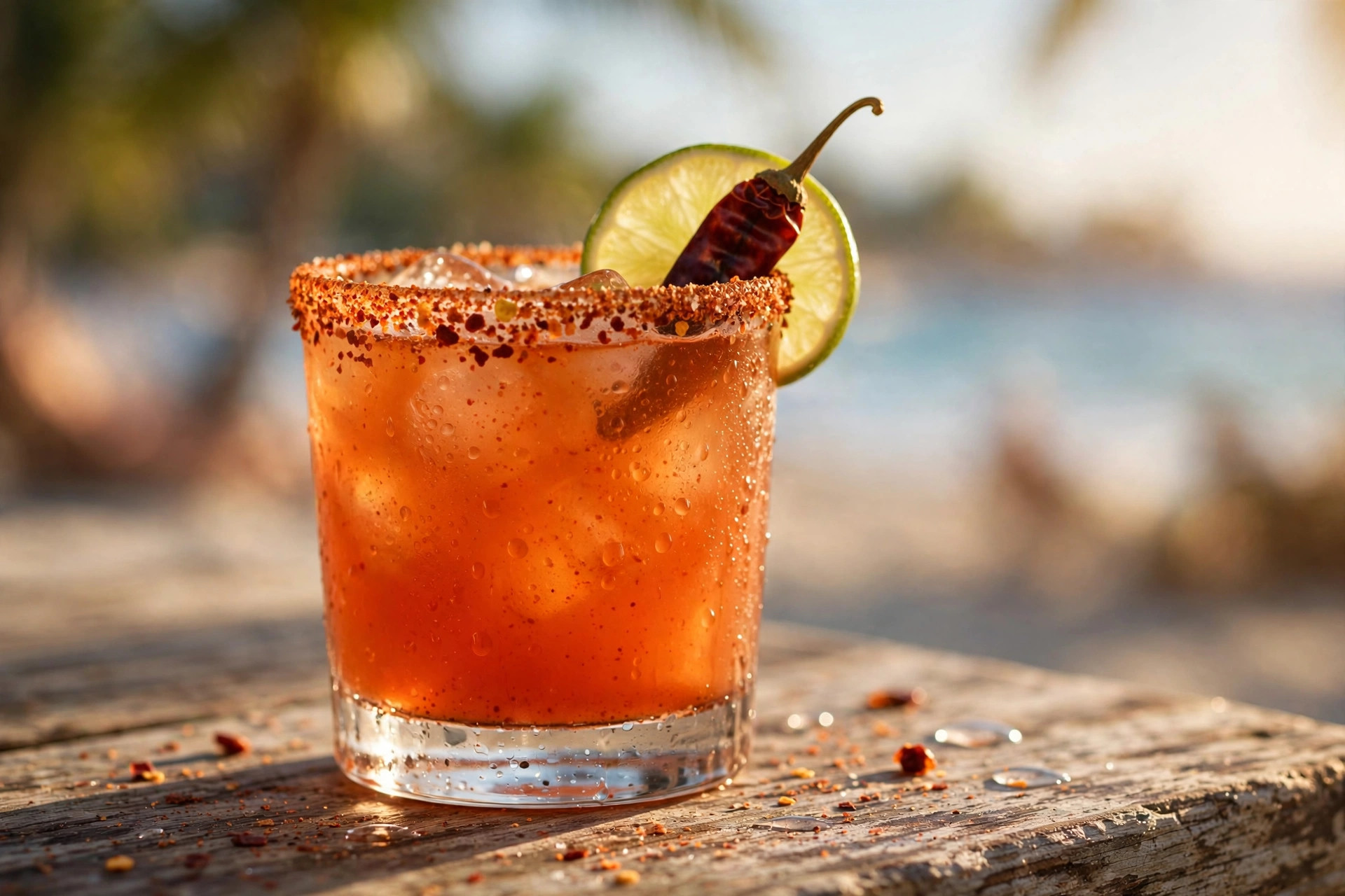 A spicy margarita with chili-salt rim, lime wheel and dried chili, on a beach bar