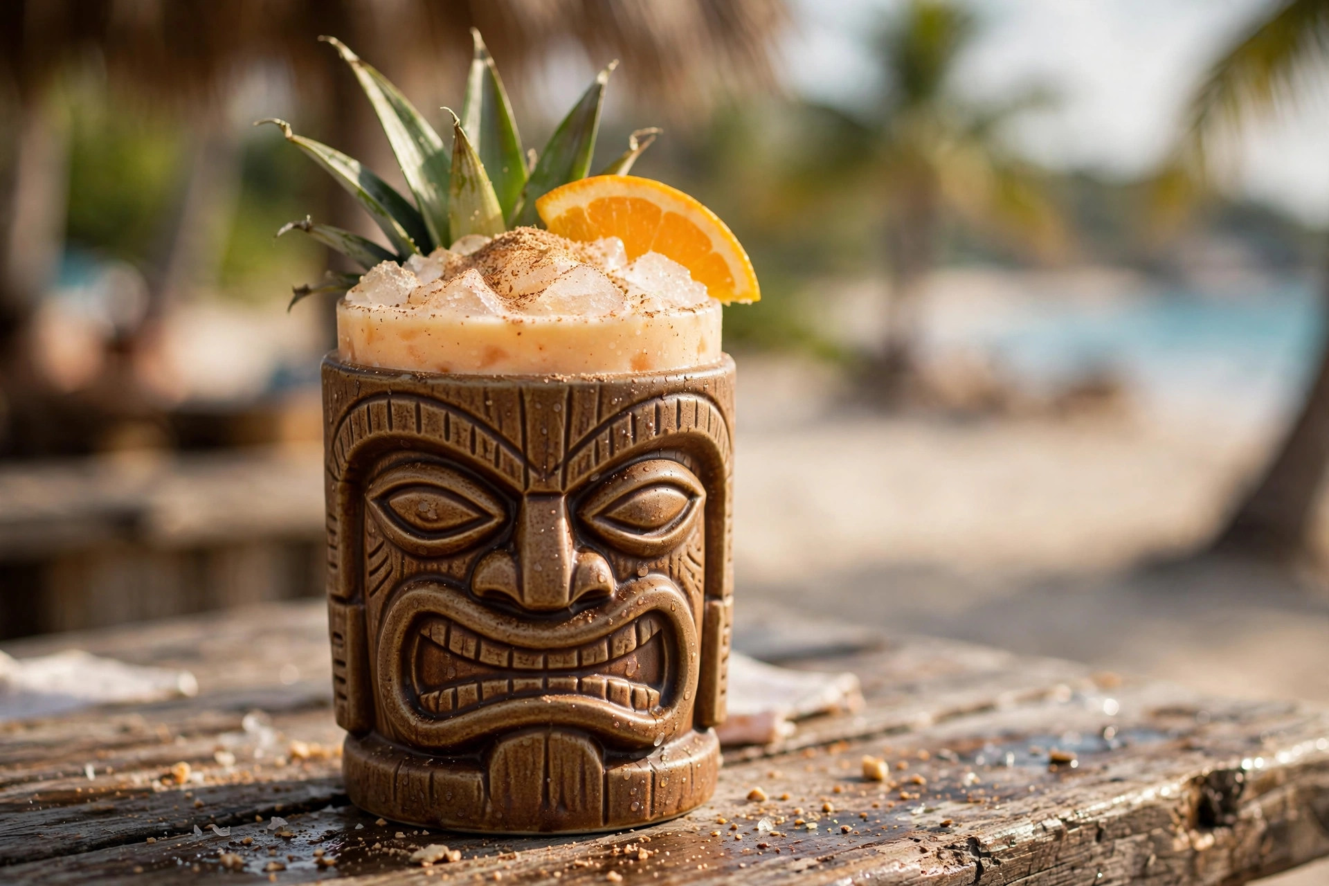 A painkiller tiki cocktail with grated nutmeg, pineapple leaves and orange slice