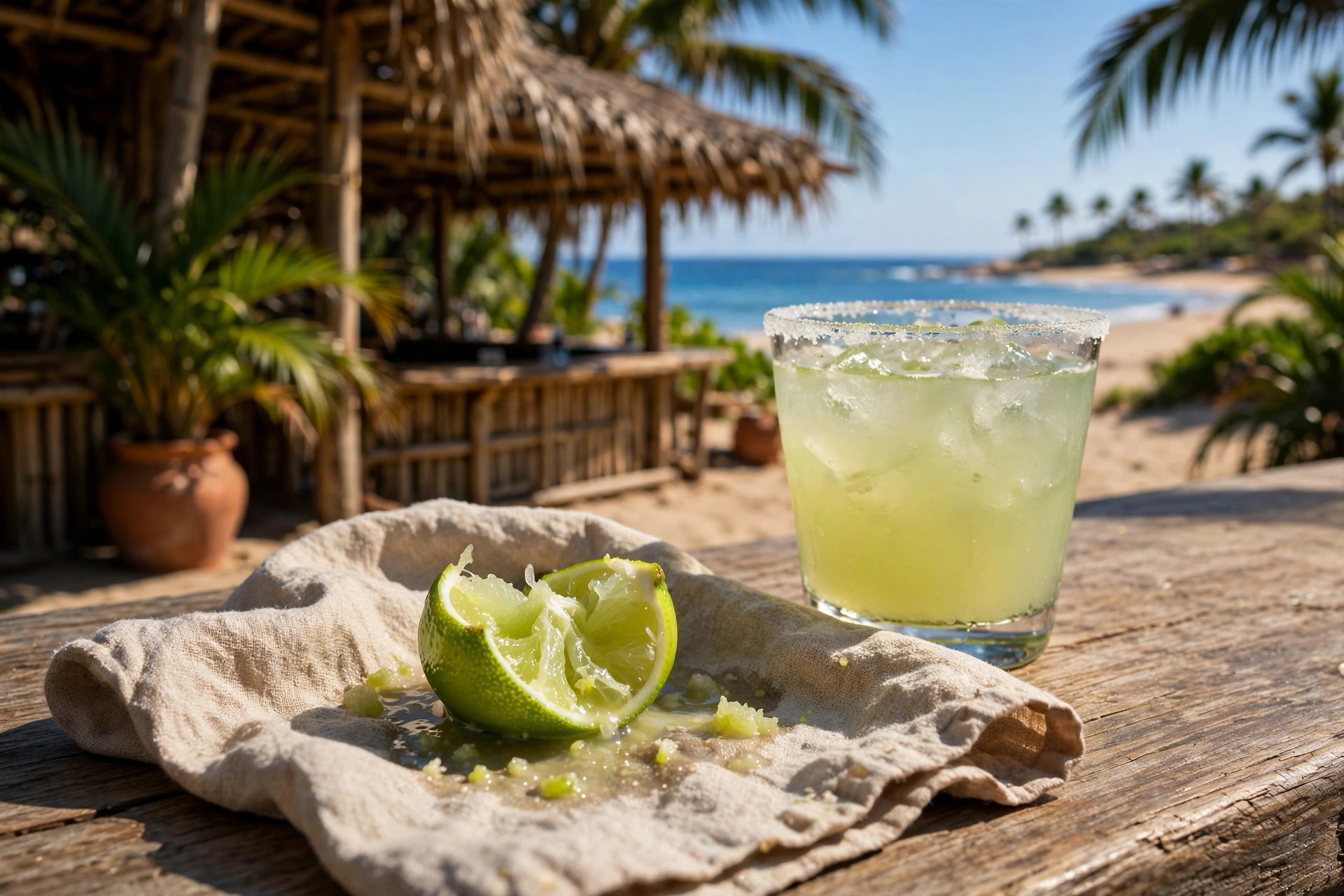 A squeezed lime wedge resting on a bar napkin beside a margarita