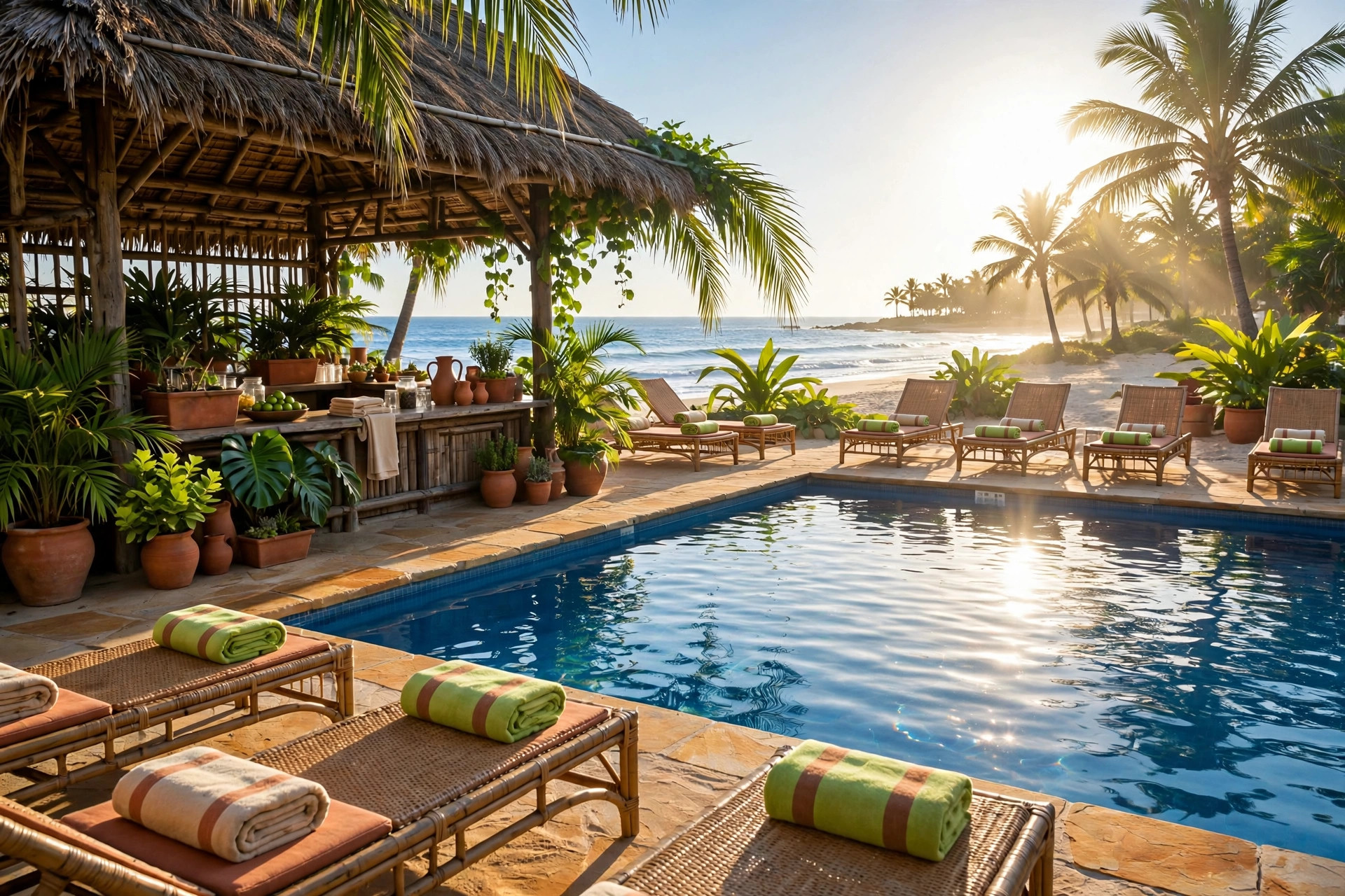 Empty beach loungers at dawn, folded towels draped over them, resort pool