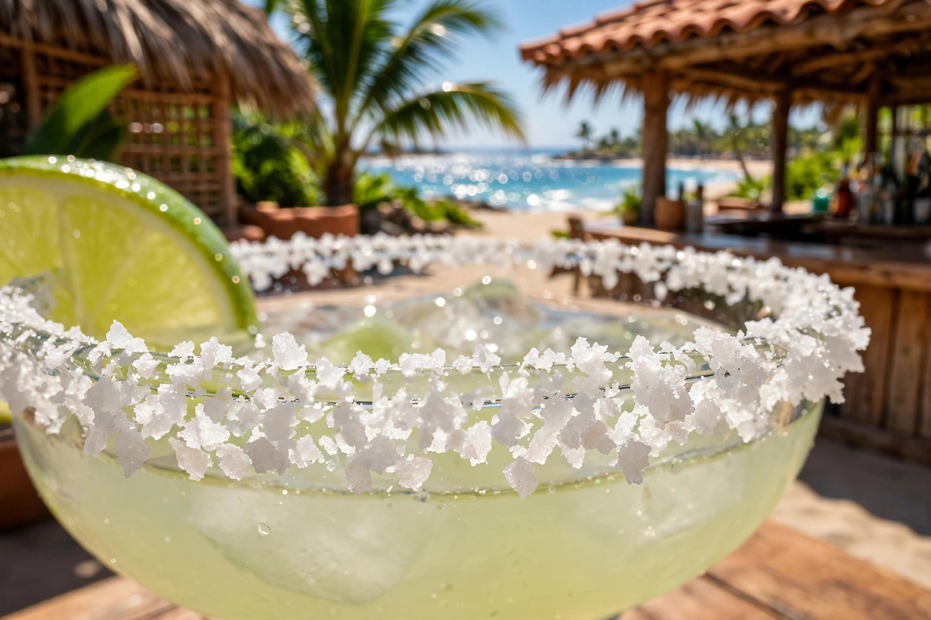 Close-up of a fully salted margarita rim with flaky salt crystals